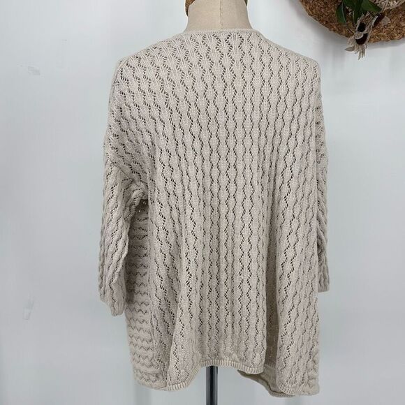 J.Jill Pointelle Open Front Drape Front Cardigan 3/4 Sleeve Cotton Linen Blend L - Picture 3 of 11